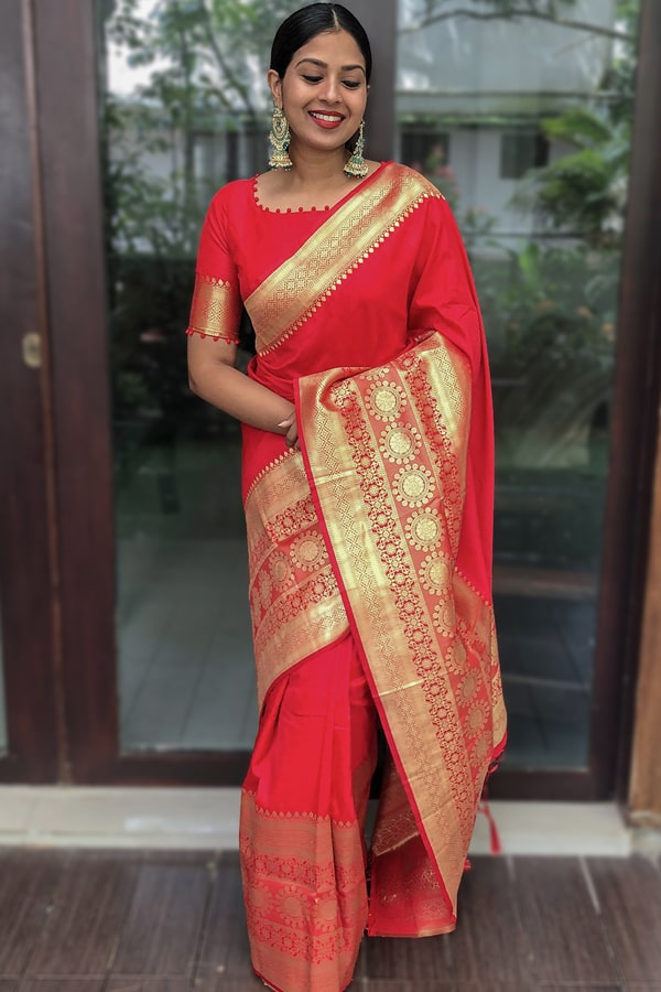 Red Banarasi Silk Karwa Chauth Look In Saree For Women